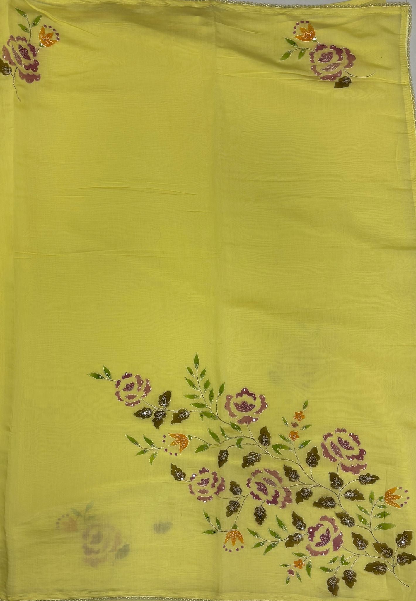 Muslin Saree-Yellow With Floral Patten
