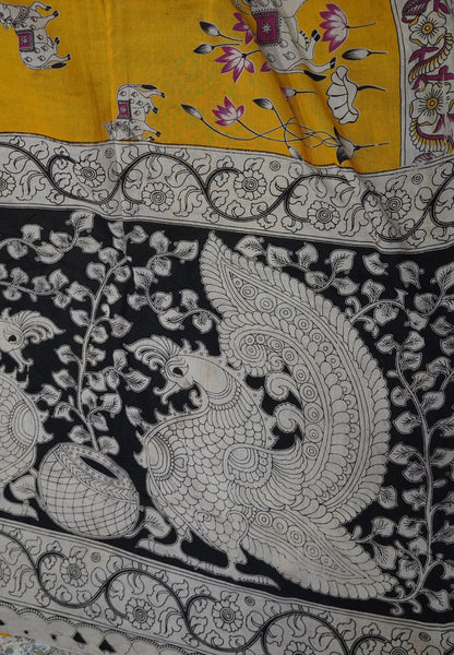 Kalamkari Cotton Saree – Traditional Art Inspired Design – Mustard
