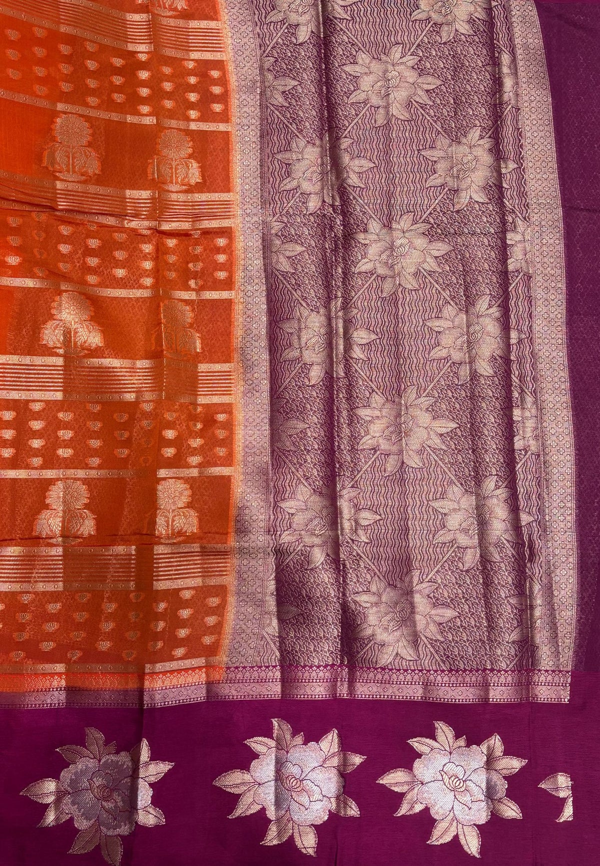 Kathan Silk Saree-Orange In Floral Brocade Zari Border