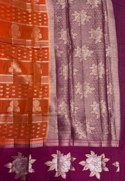 Kathan Silk Saree-Orange In Floral Brocade Zari Border
