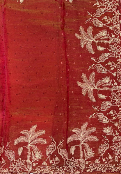 Tissue Organza Saree-Pink In Tropical Garden Border