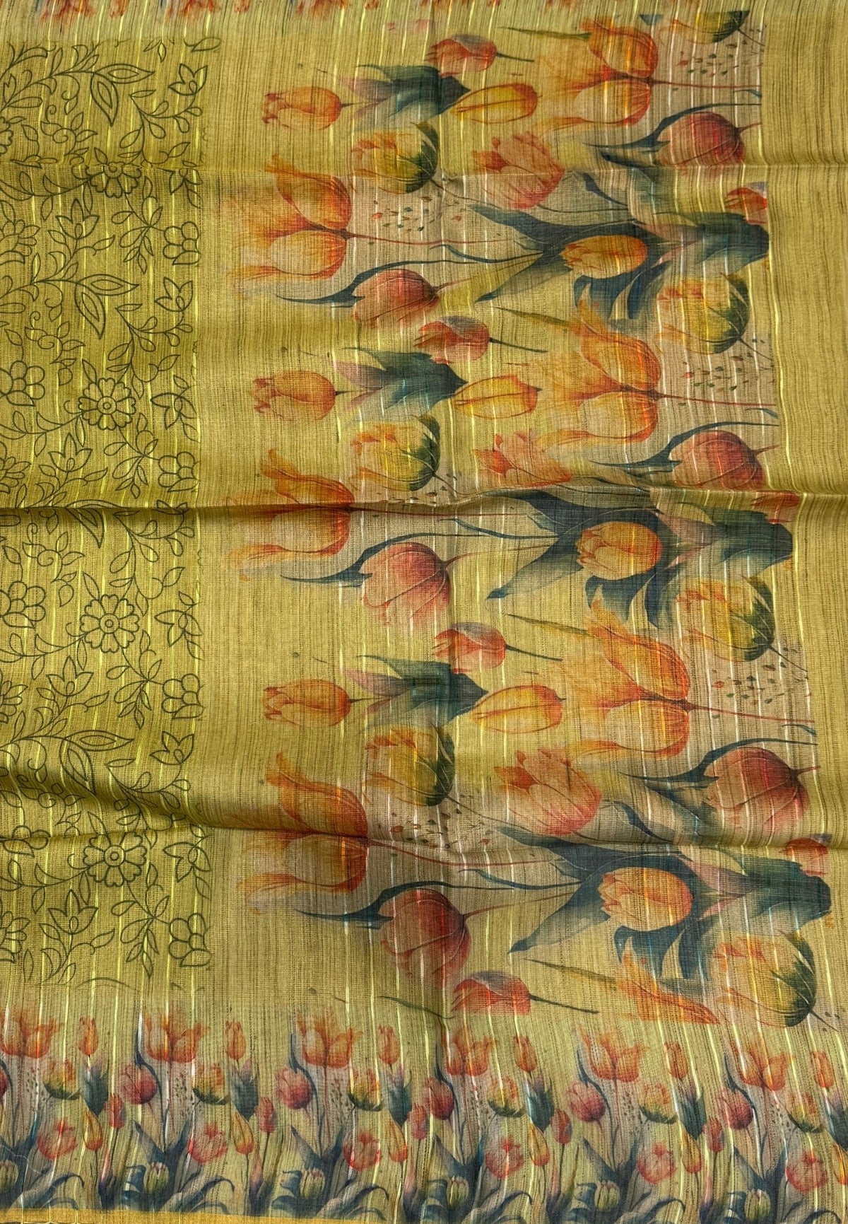 Tissue Saree-Green In Floral Tulip Printed Border