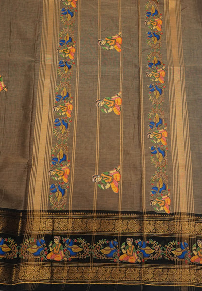 Chettinad Cotton Saree- Beige with Meenakshi Tanjore Print
