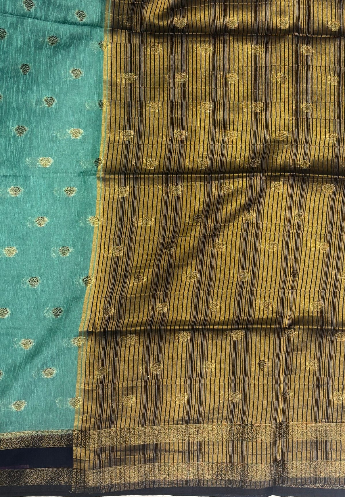 Soft Jute Saree-Metallic Green-Blue With Rettapet Border