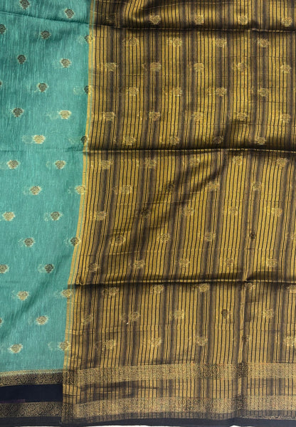 Soft Jute Saree-Metallic Green-Blue With Rettapet Border