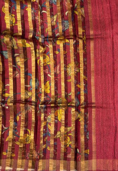 Pure Organza Tussar Saree-Maroon In Striped Zari Border