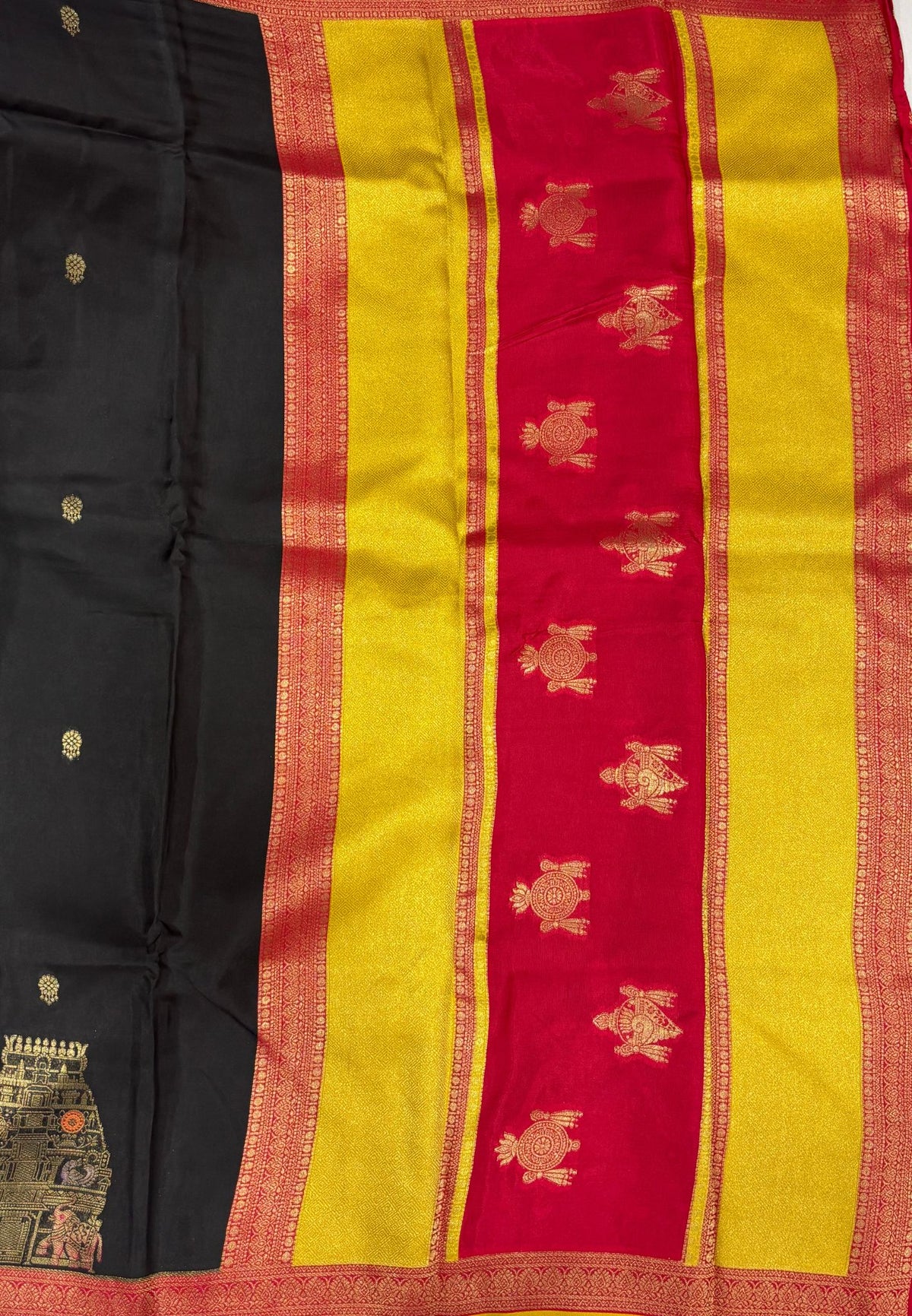 Art Mysore Silk Saree-Black with Rajagopuram Zari Border