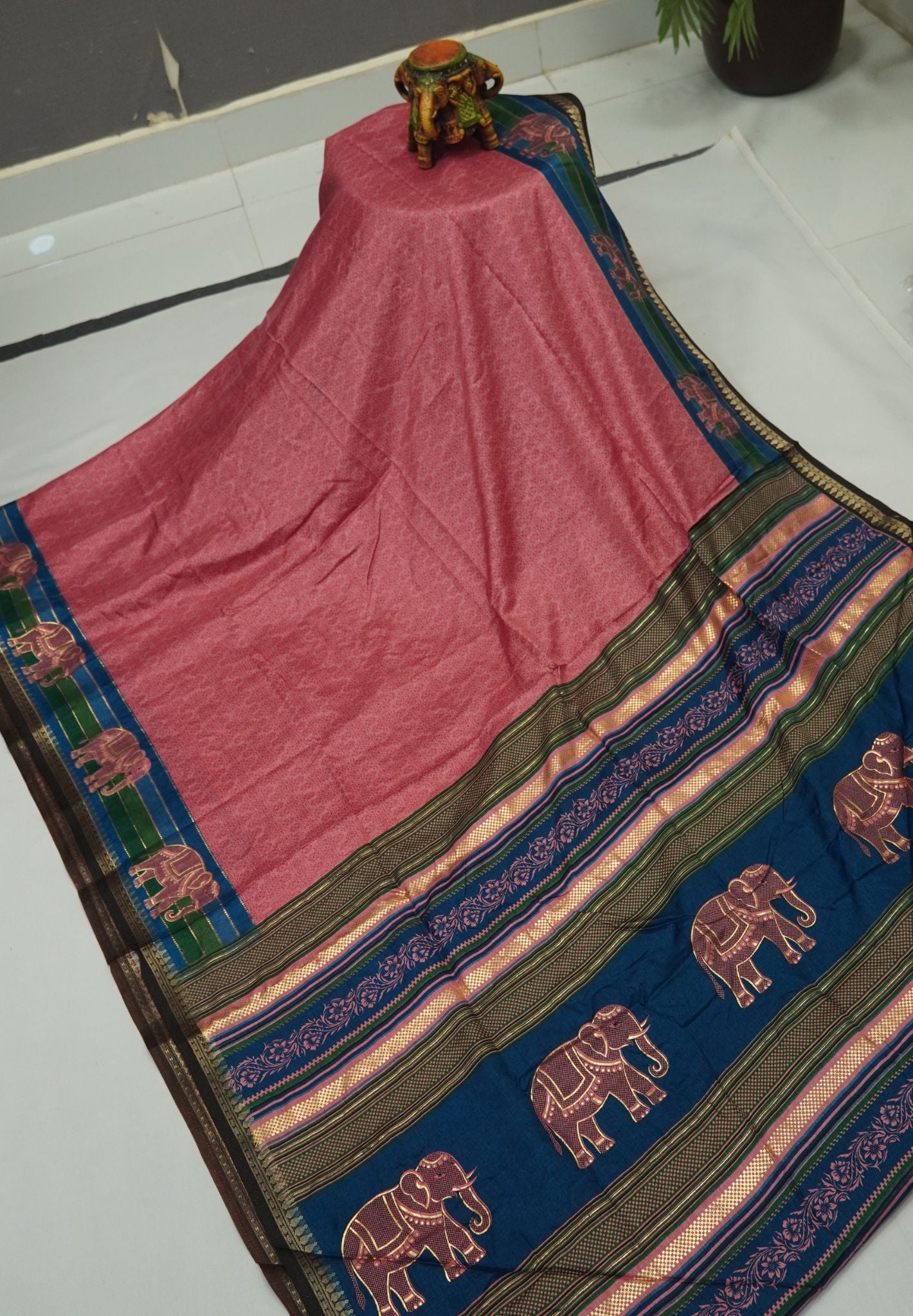 Dola Saree-Dusky Pink with Contrast Elephant Border