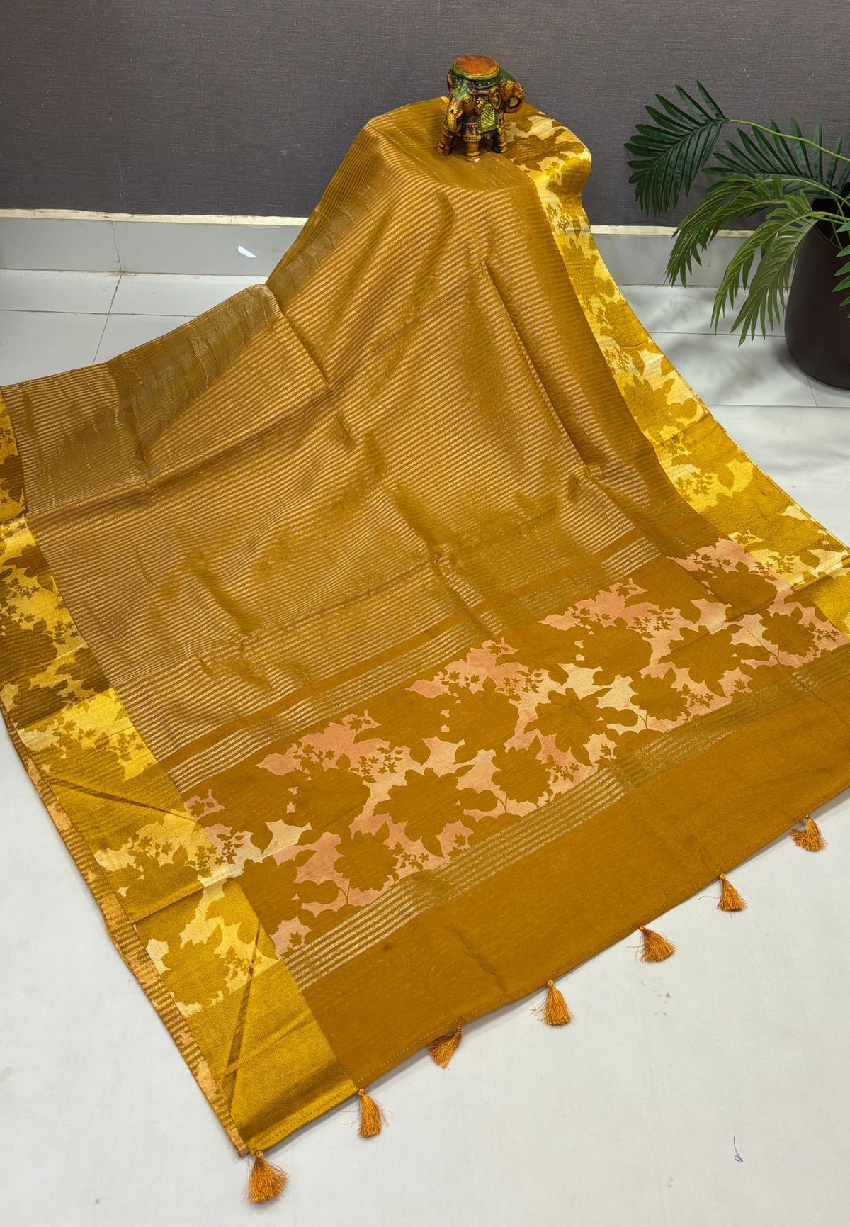 Soft Kora Tissue Saree-Mustard in Floral Jaal Zari Border