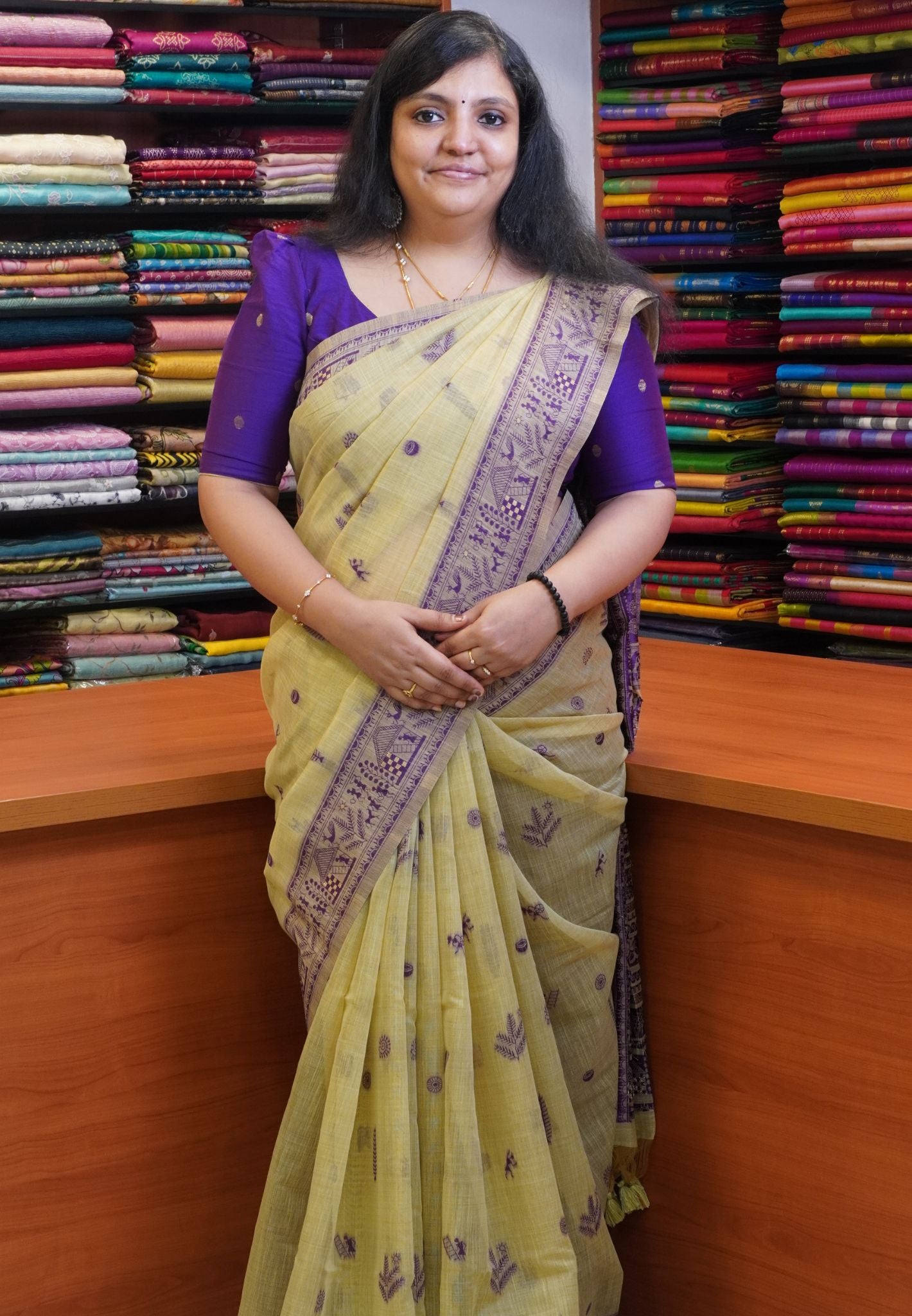 Moonga Cotton Saree Warli Pattern-Elachi Green