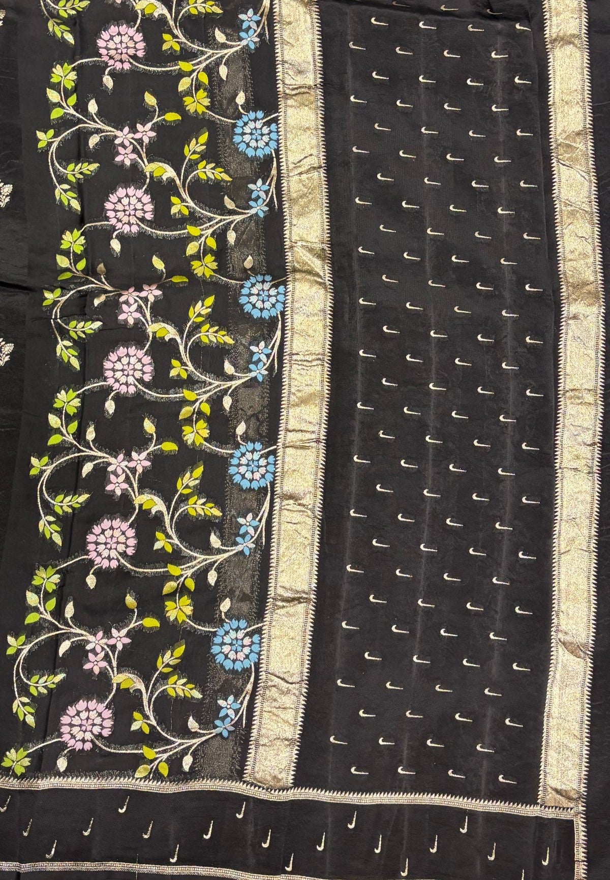 Satin Organza Saree-Black In Paithani Floral Zari Border