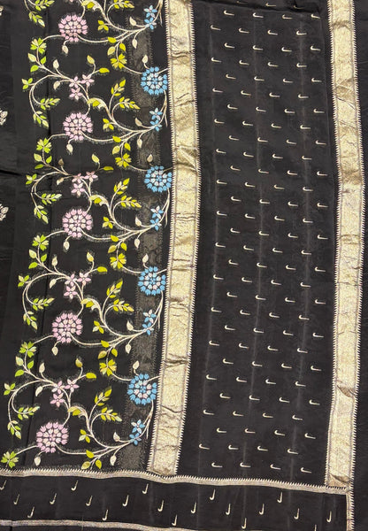 Satin Organza Saree-Black In Paithani Floral Zari Border