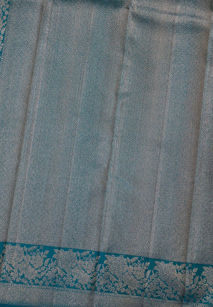 Pure Kanchipuram Silk Saree- Sea Green-Blue with Zari Creeper