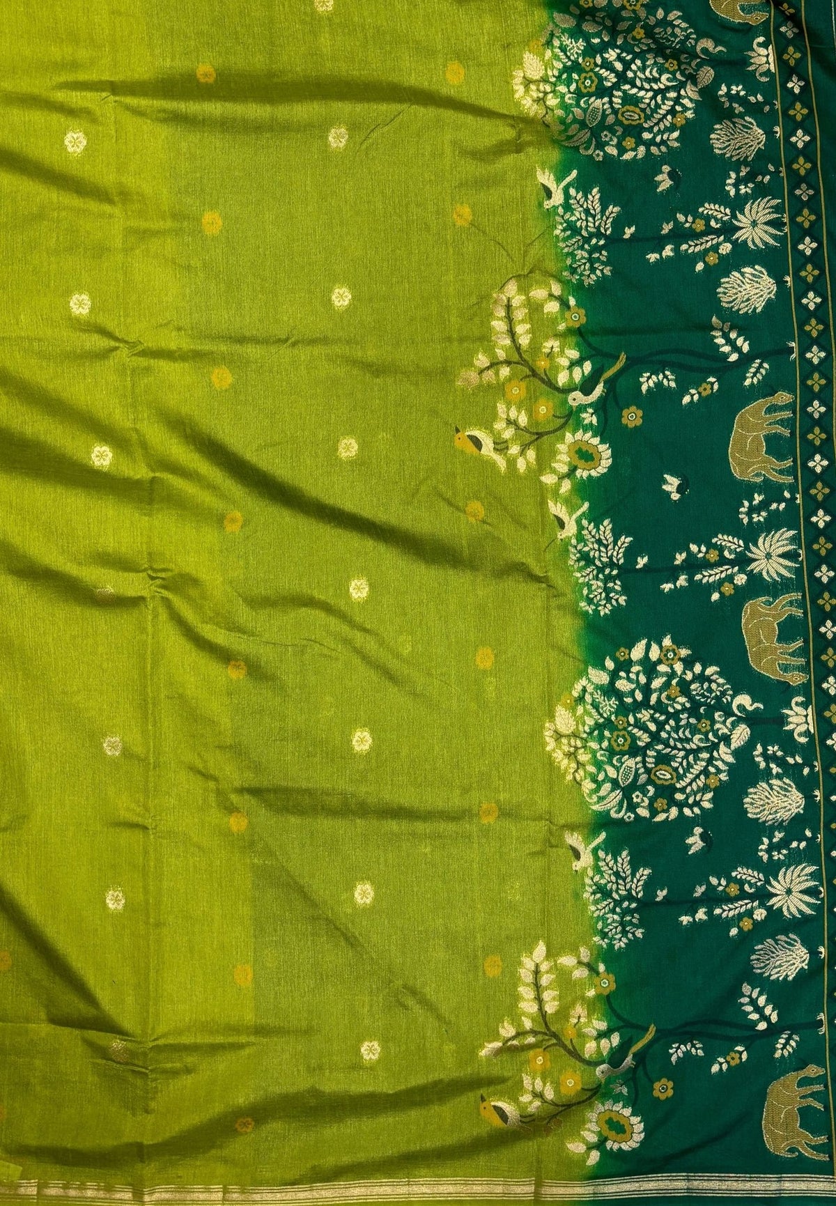 Gaji Silk Saree-Olive Green In Warli Tree & Elephant With Contrast Border