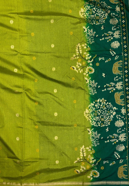Gaji Silk Saree-Olive Green In Warli Tree & Elephant With Contrast Border