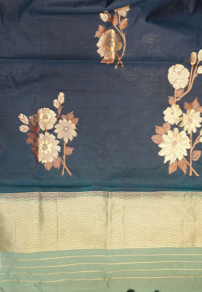 Semi Tussar Saree with Floral Zari Motifs - Peacock Blue