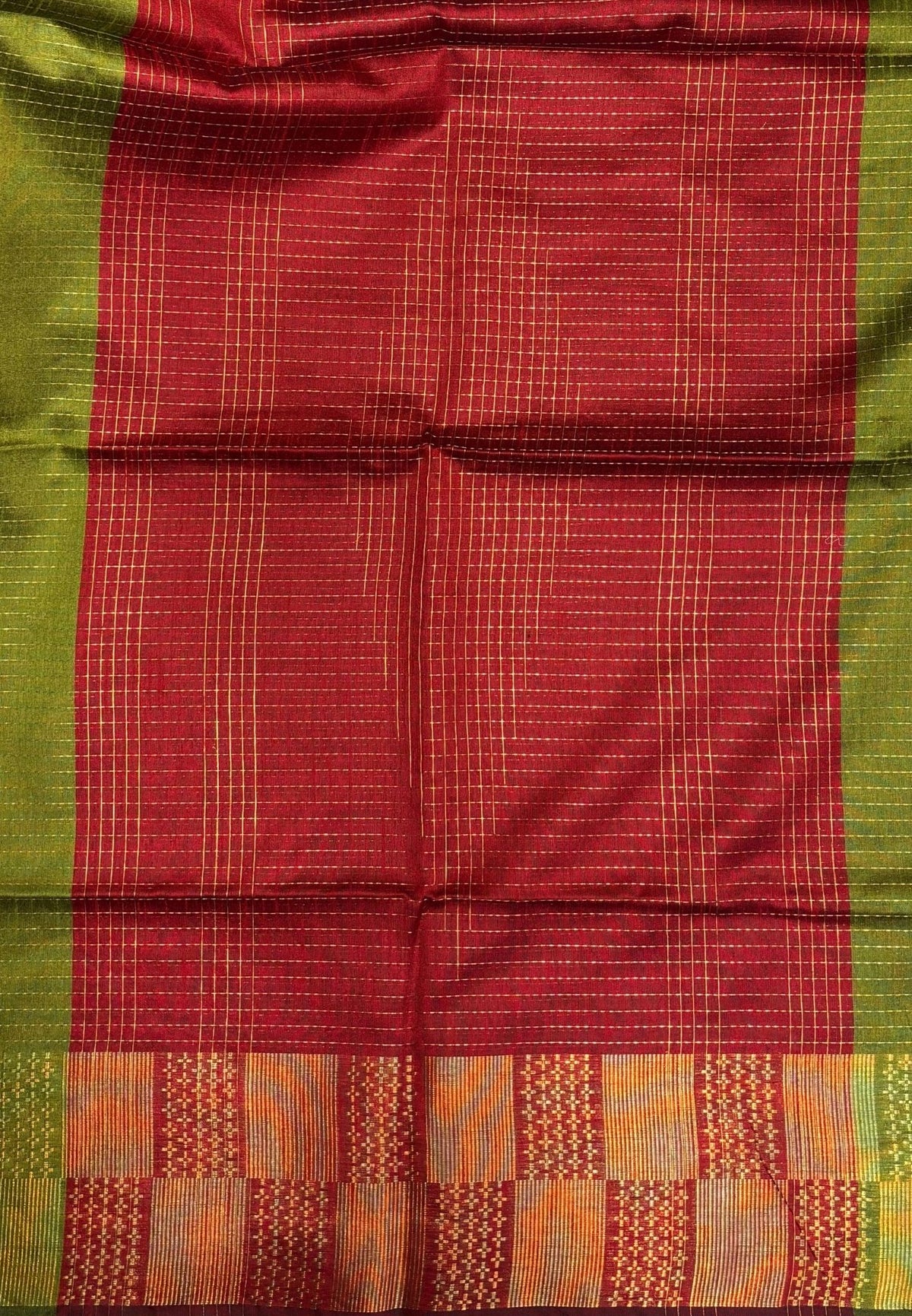 Semi Raw Silk Saree-Olive Green In Checkered Zari With Contrast Border