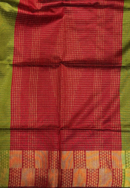 Semi Raw Silk Saree-Olive Green In Checkered Zari With Contrast Border