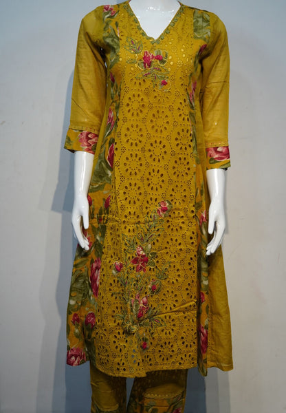 3 Pcs Floral Kurti Set with Cutwork