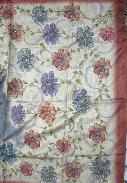 Semi Tussar Saree-Grey with Kantha Work