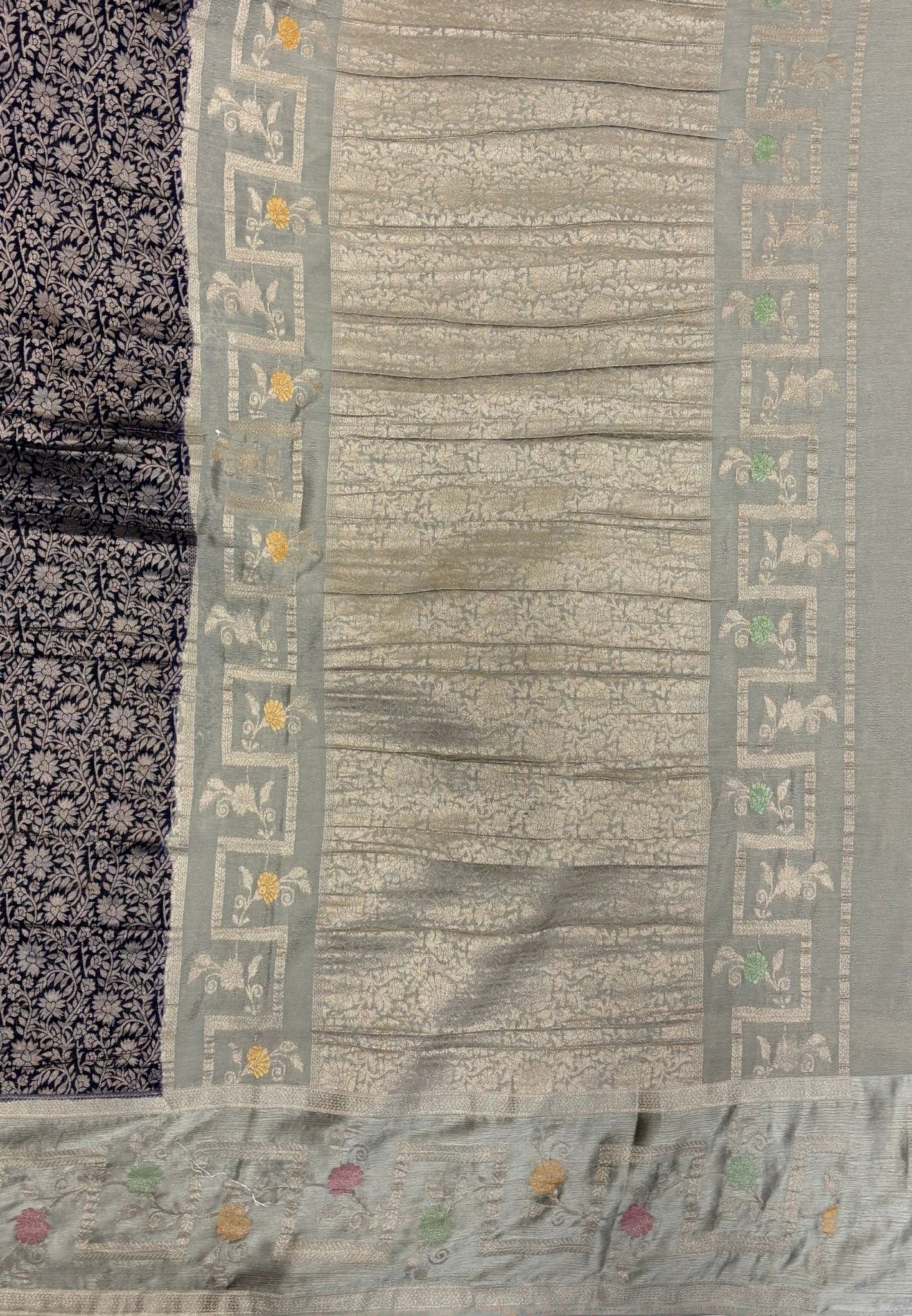 Banarasi Brocade Silk Saree-Navy Blue with Contrast Border