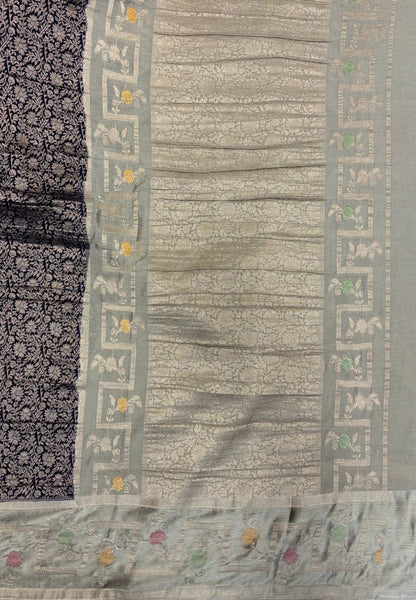 Banarasi Brocade Silk Saree-Navy Blue with Contrast Border