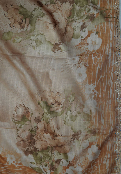 Matka Tussar Saree – Brown Floral Print with Scallop Border