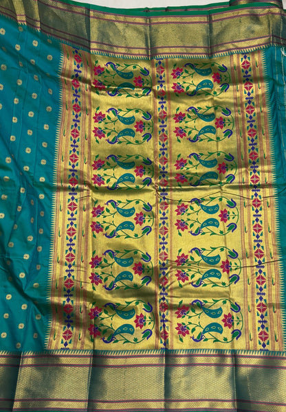 Traditional Peacock Floral Brocade Border - Sea Green