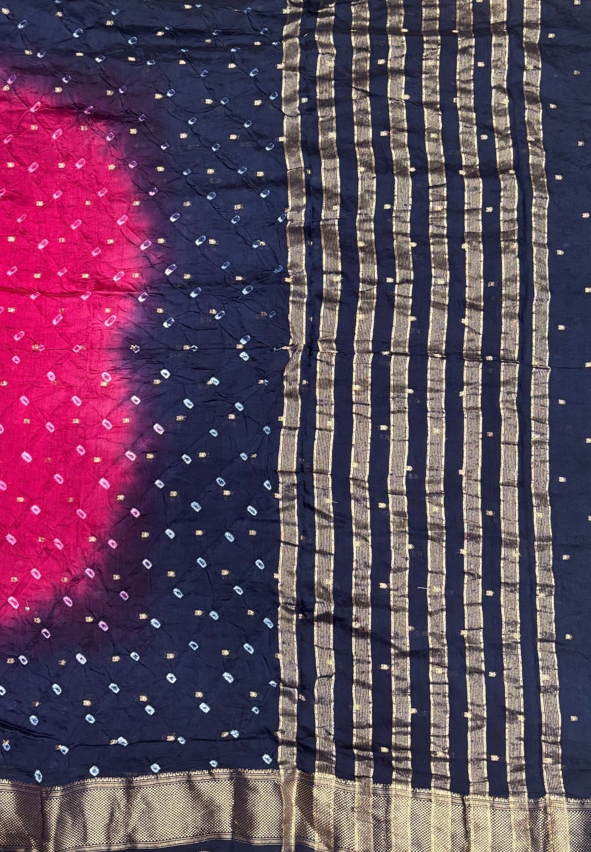 Banarasi Bandeji Saree-Rani Pink in Horizontal Stripe Zari with Contrast Border