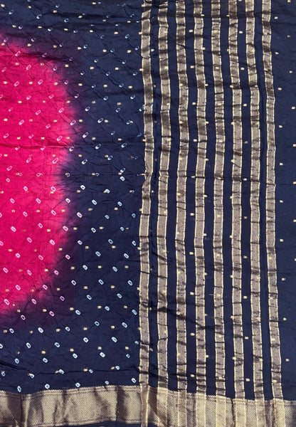 Banarasi Bandeji Saree-Rani Pink in Horizontal Stripe Zari with Contrast Border