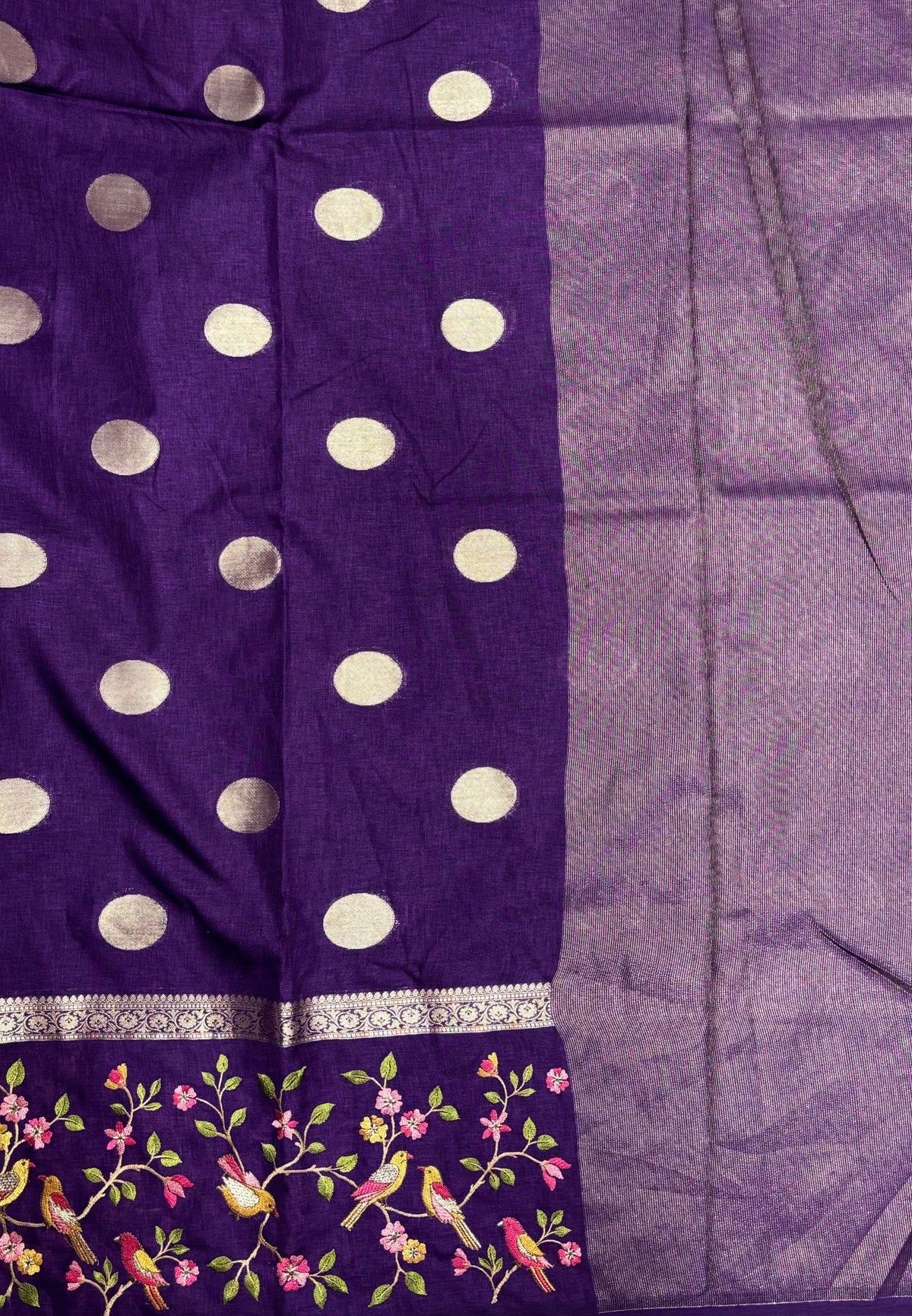 Tussar Saree-Violet In Bird & Floral Border