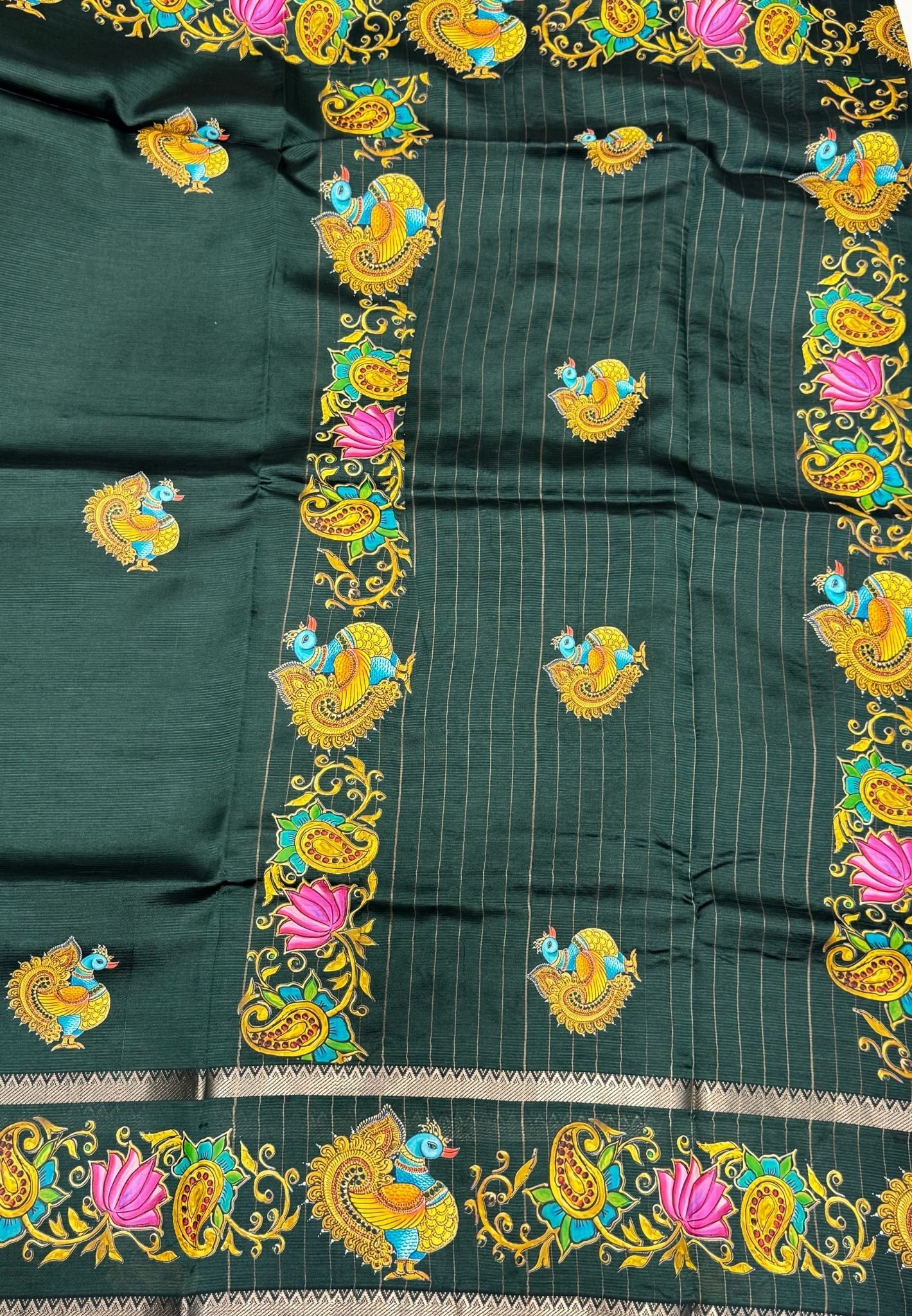 Pure Mangalgiri Silk Saree-Bottle Green with Tanjore Print