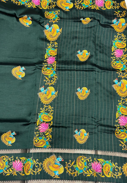 Pure Mangalgiri Silk Saree-Bottle Green with Tanjore Print