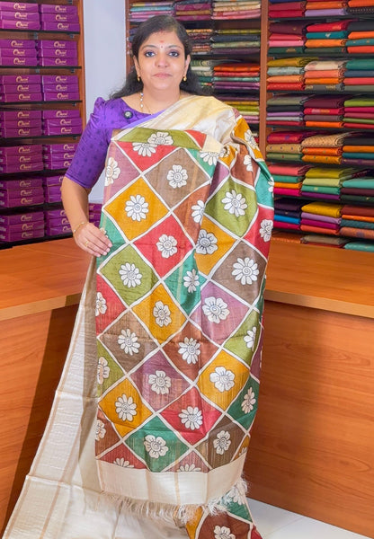 Pure Tussar Saree-Sandal with Multicolour Diamond Floral Border