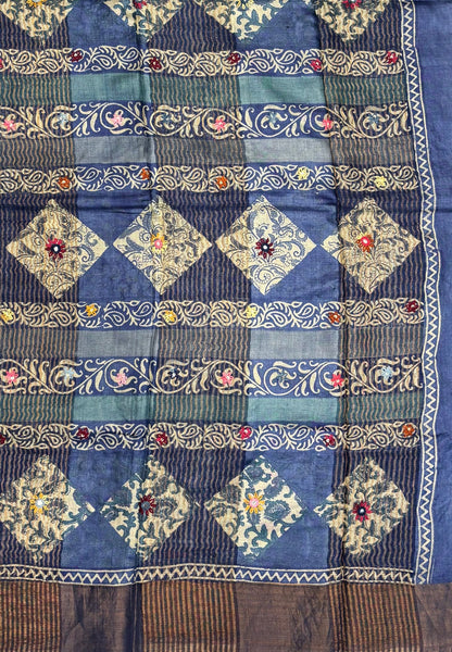 Pure Tussar Saree-Blue with Mirror Work