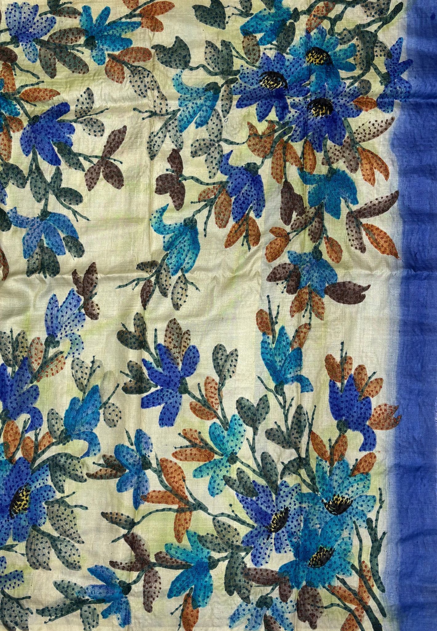 Pure Tussar Saree-Blue In Stripe French Knot Border
