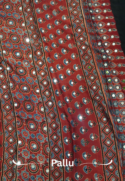 Pure Modal Silk Saree-Original Mirror Work &Traditional Printed Motifs - Red