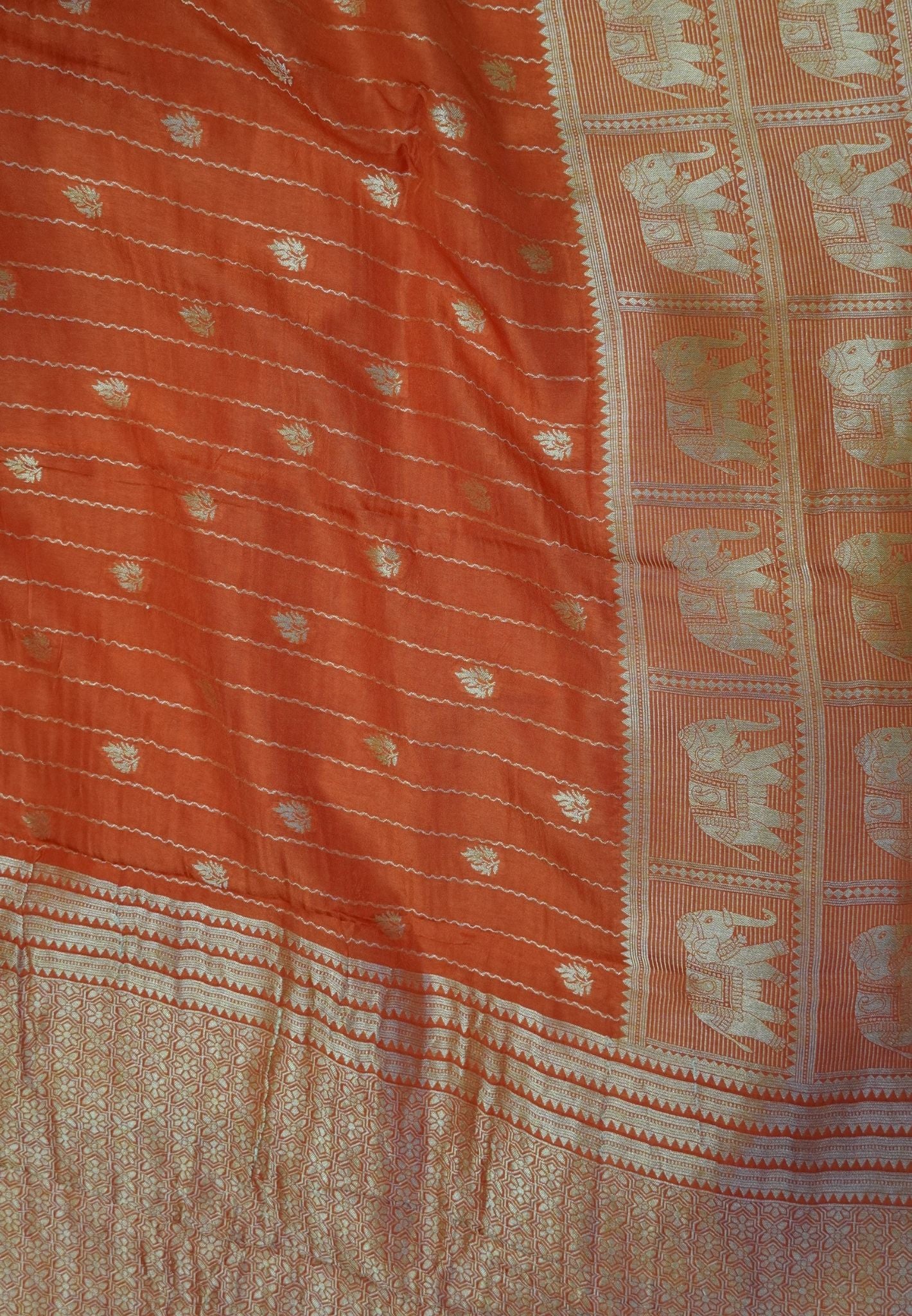 Satin Tussar Saree-Orange with Checked Elephant Border