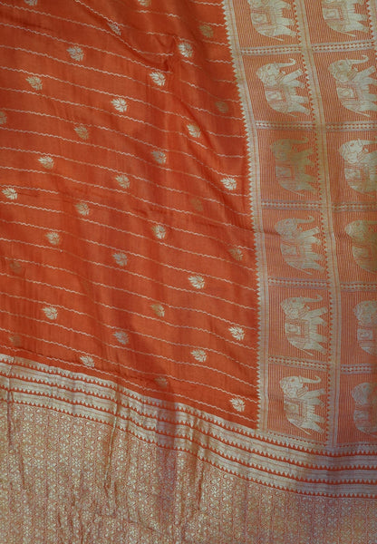 Satin Tussar Saree-Orange with Checked Elephant Border