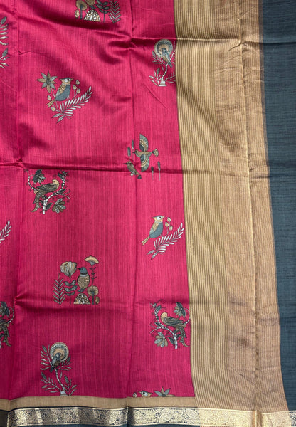 Chanderi Saree-Dark Magenta in Traditional Bird Motif Border