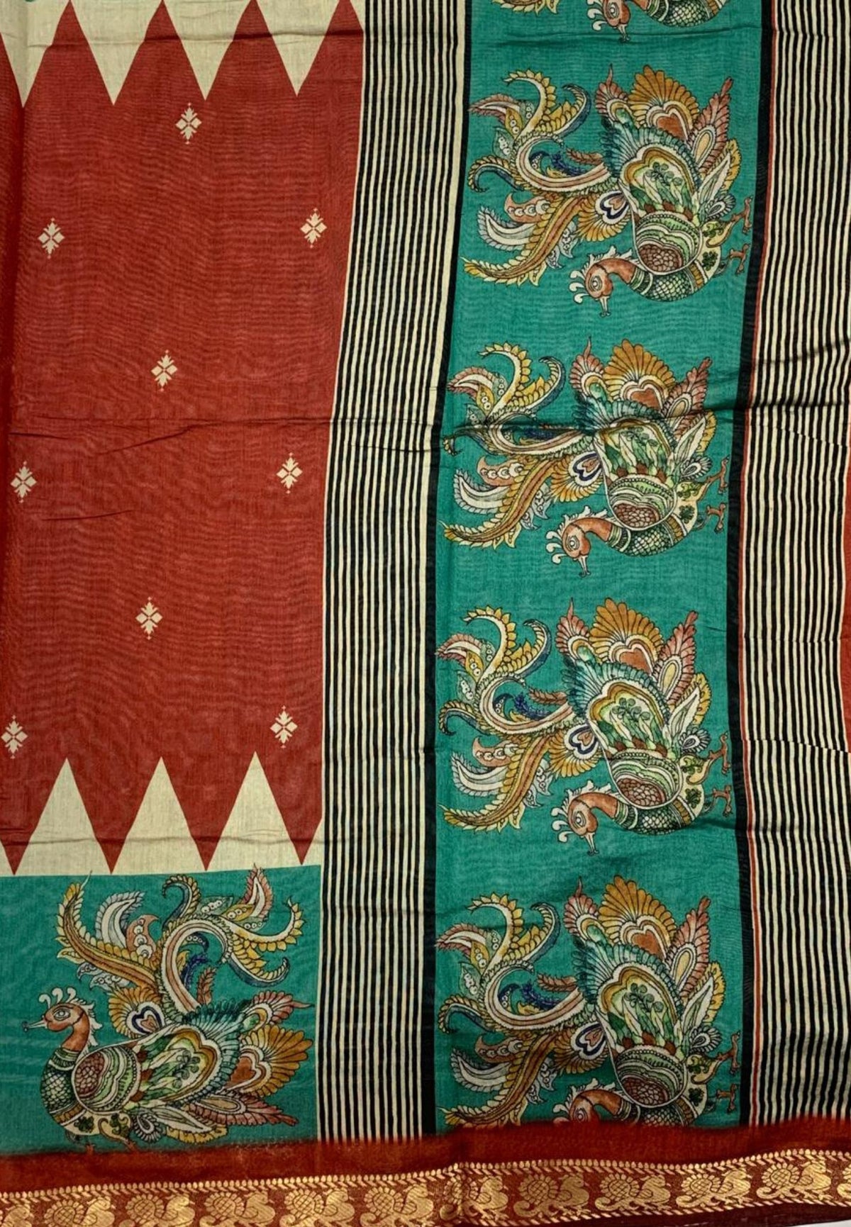 Malai Cotton Saree-Brick Red with Kalamkari Border