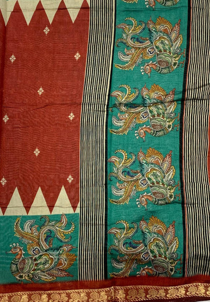 Malai Cotton Saree-Brick Red with Kalamkari Border