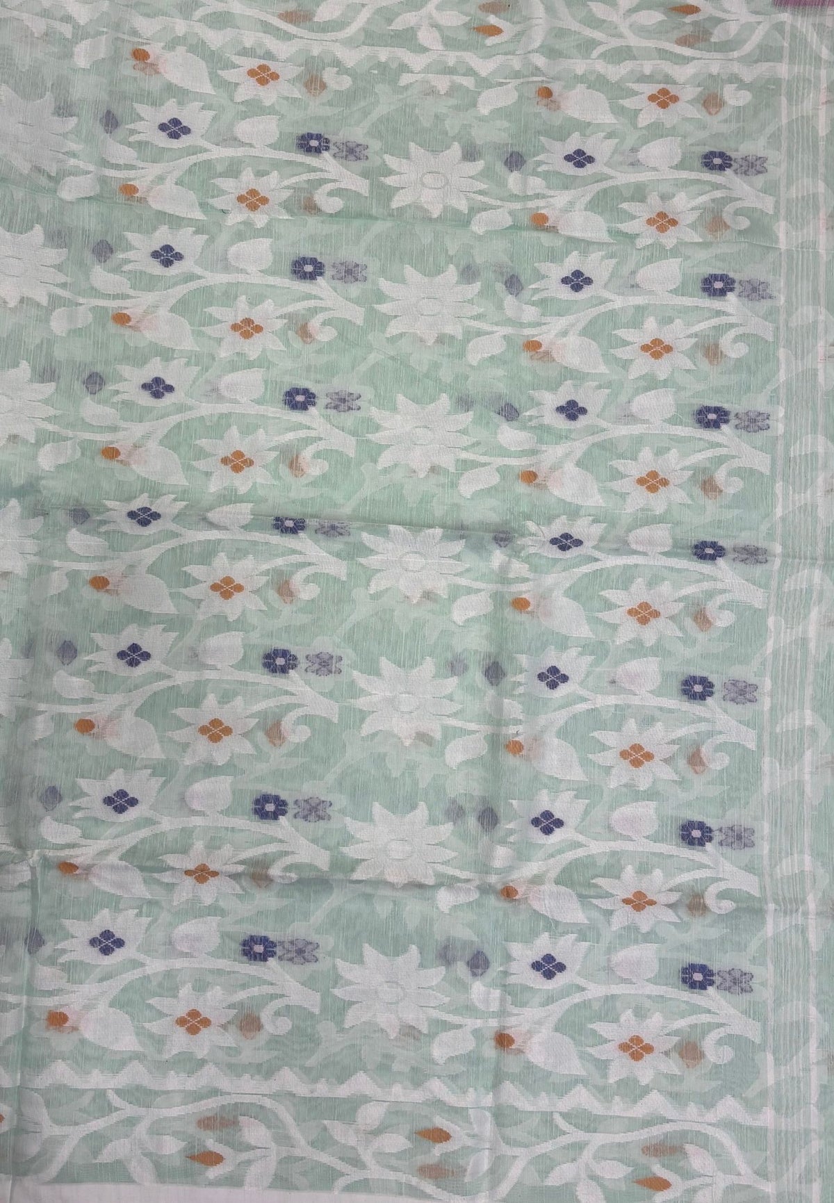 Dhakai Jamdhani Cotton Saree-Light Sea Green In Floral Vine Zari Border
