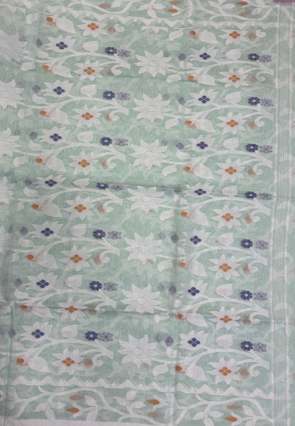 Dhakai Jamdhani Cotton Saree-Light Sea Green In Floral Vine Zari Border