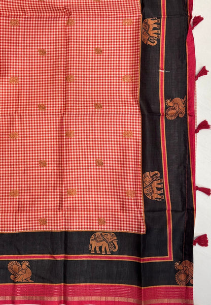 Semi Tussar Saree-Red with Podi Kattam