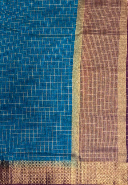 Bamboo Saree-Ramar Blue in Mini Checked Zari Border