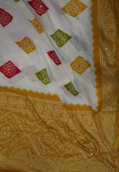 Chiffon Saree – Bandhani Inspired Print with Elegant Border - White & Mustrd