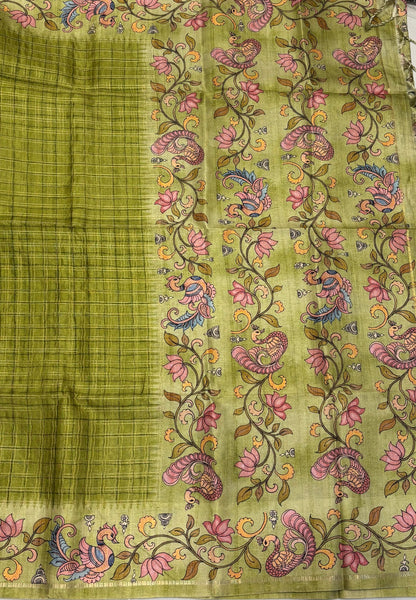 Matka Tussar Saree-Lime Green with Kalamkari Border