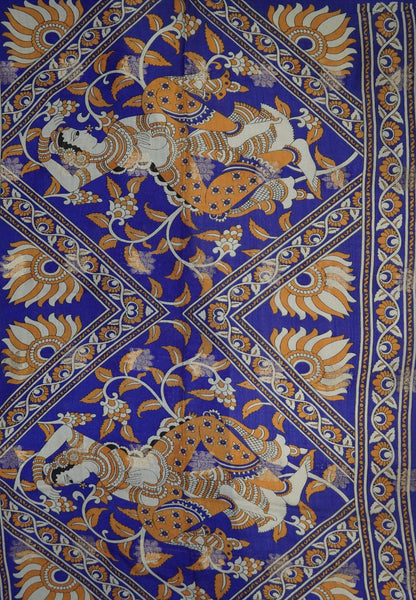 Dola Saree with Checks and Contrast Border- Mustard - Blue