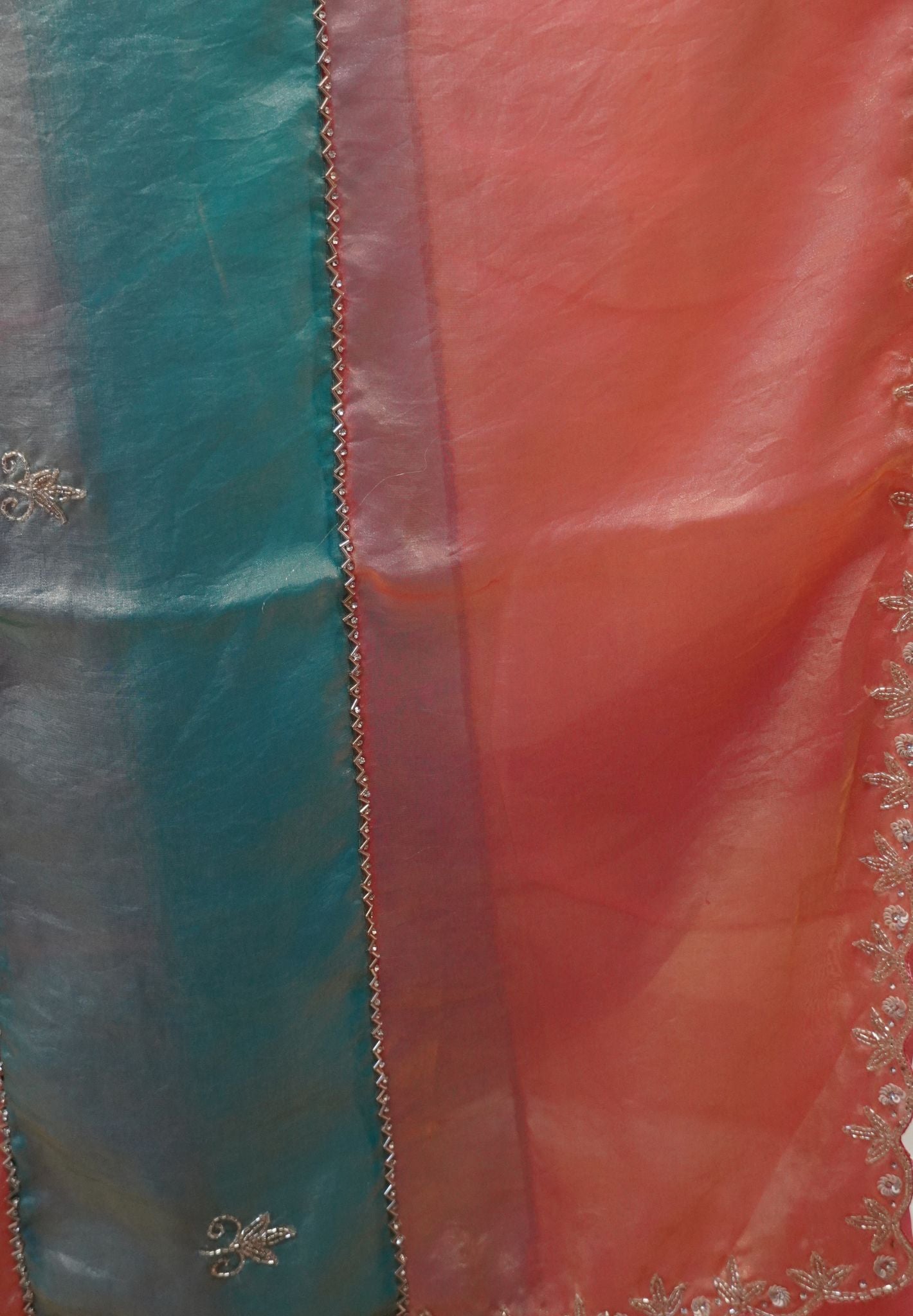Designer Saree-Pastel pink& Sky Blue Duo Tone Encrusted with Scalloped Stone Work
